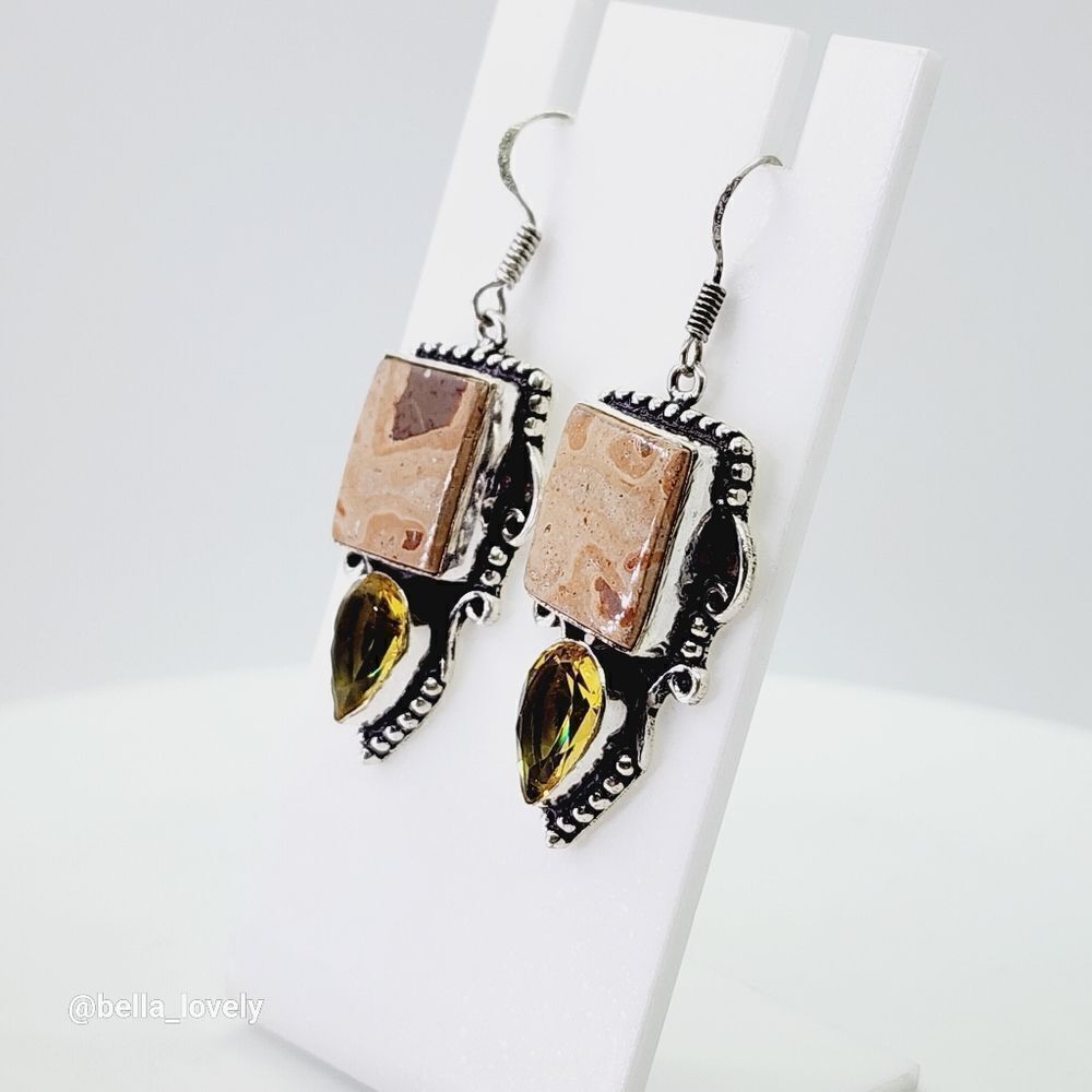 Leopard Skin Jasper Citrine Handmade Drop Dangle Earrings Jewelry 2.08"